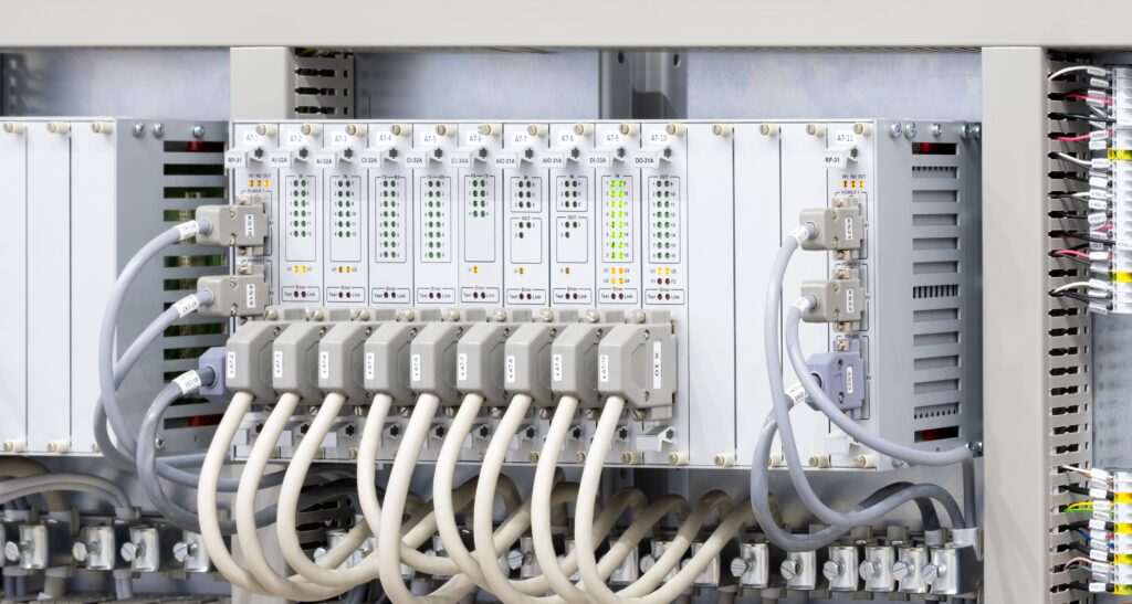 Industrial control cabinet with wiring and I/O modules for DCS programming in chemical plants